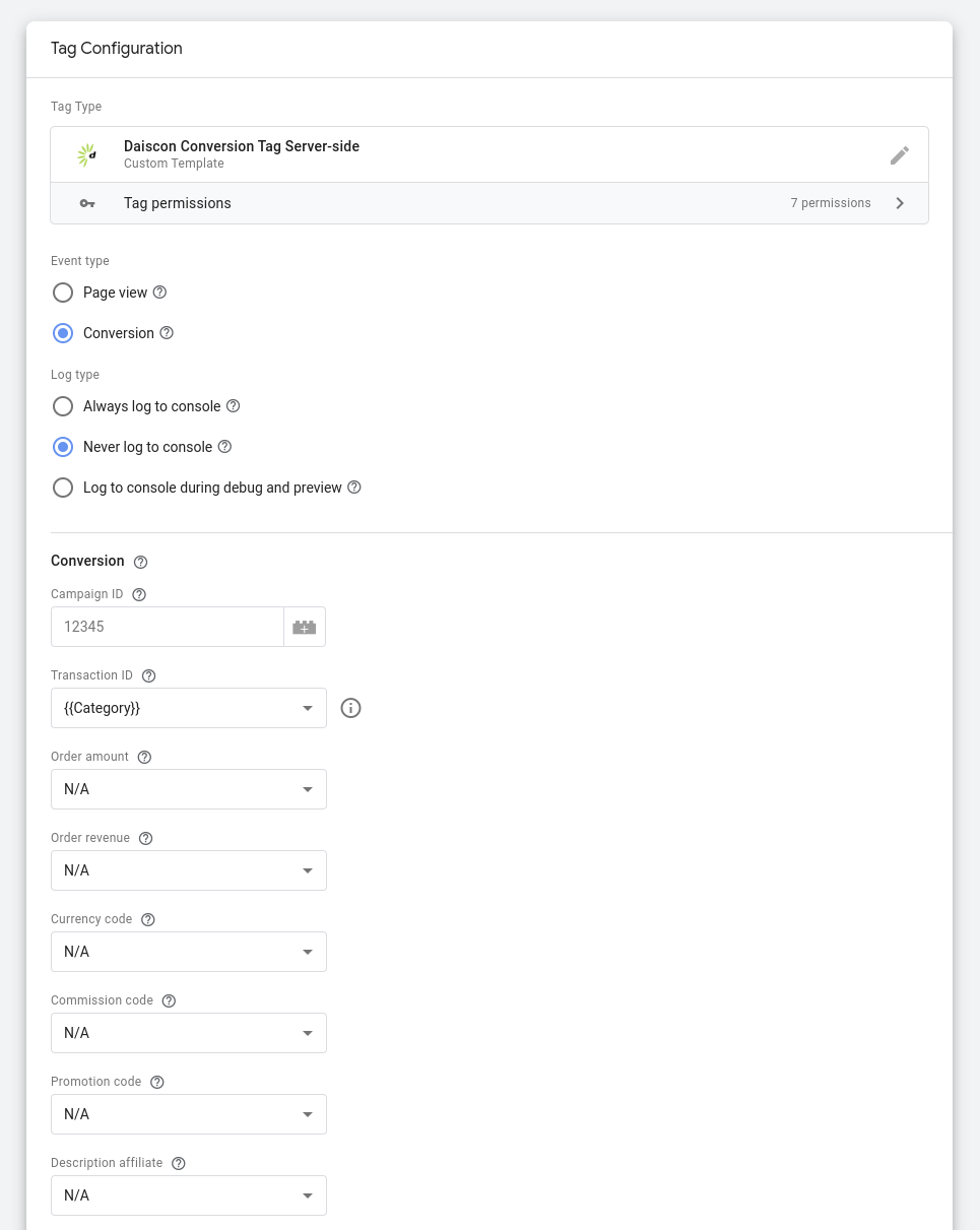 Vul de campaign ID en andere parameters in bij de conversion tag.