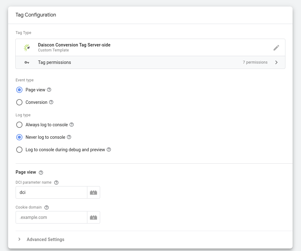 Konfiguration des Page view Tags mit DCI-Parameter und Cookie-Domain.
