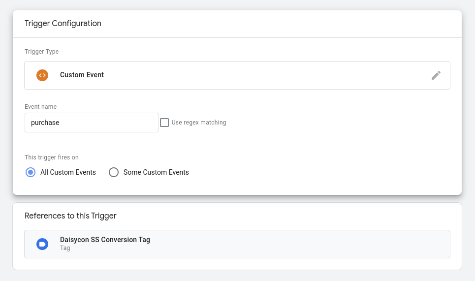 Custom Event Trigger mit dem Namen 'purchase' konfigurieren.